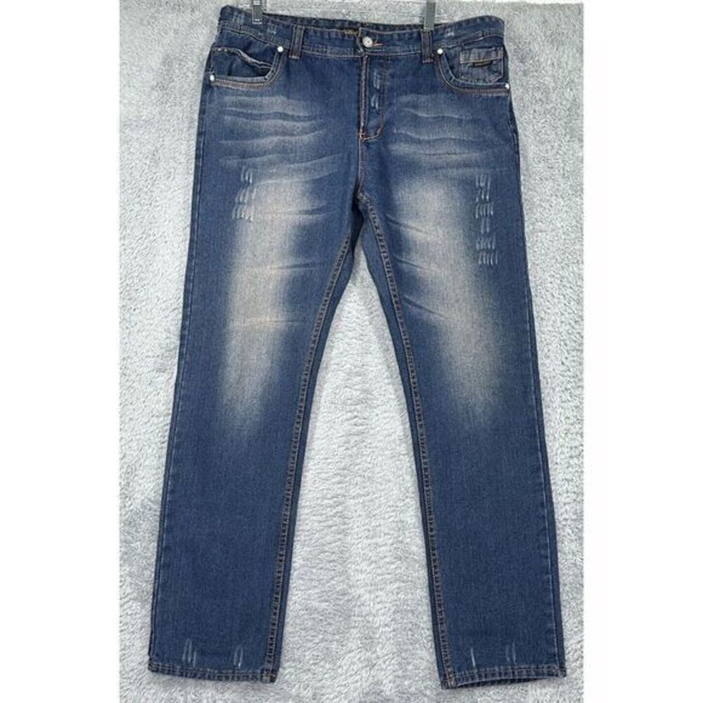 TAKESHY KUROSAWA 48 Size 36x32 Men Jeans Blue Wash Distressed Regular Fit